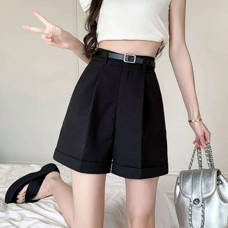 Seoulish High Waist Wide Leg Shorts 2025 New Elegant Office Lady Style Casual Solid Color Pockets Minimalism Short Pants Female XJ260206