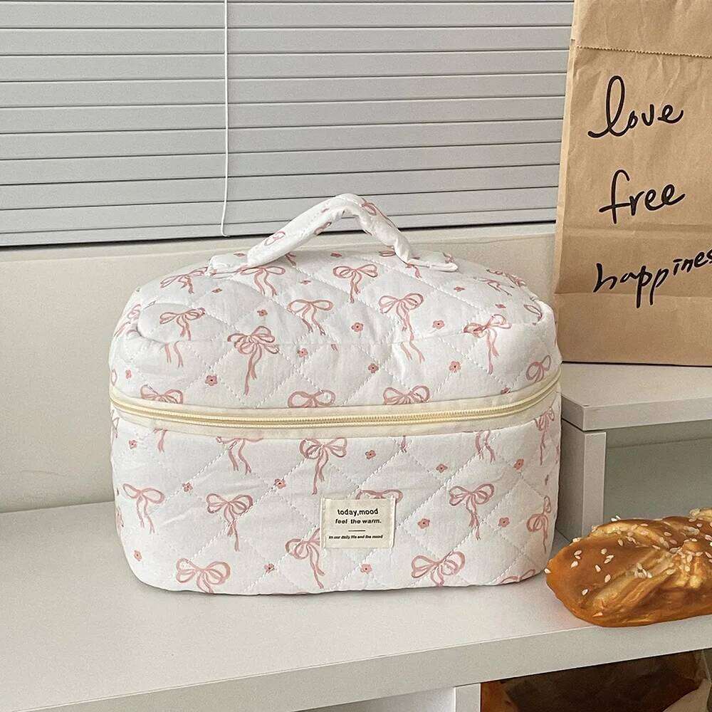3Bags Fashion Bowknot Women Quilted Makeup Bag Sets Portable Cosmetic Toiletry Storage Pouch Handbag Flower Cotton Clutch Bags Y260206