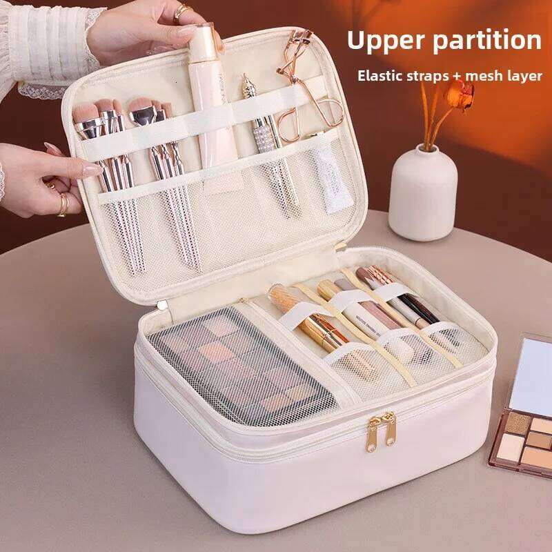 Double Layer Handheld PU Leather Makeup Bag Large Capacity Travel Cosmetic Organizer Toiletry Pouch for Beauty Tools Women Y260206