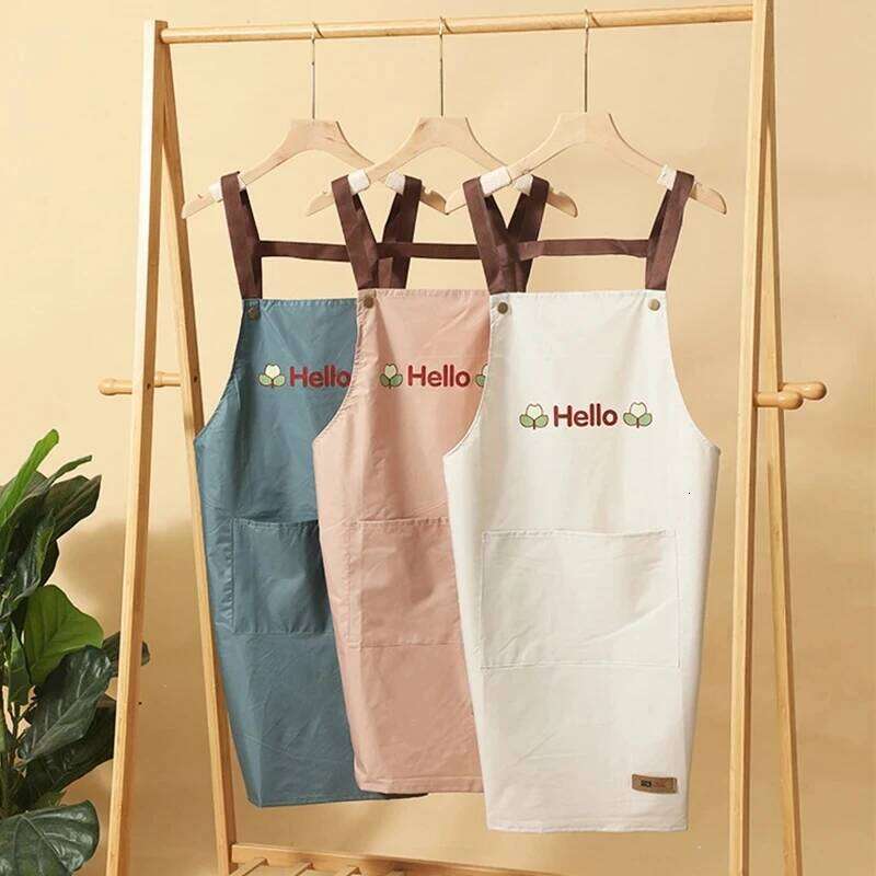 Hello Letter Printed Waterproof Apron Kitchen Cooking Home Large Pocket Storage Baking Shoulder Aprons Hotel Specific Practical S260205 3d8