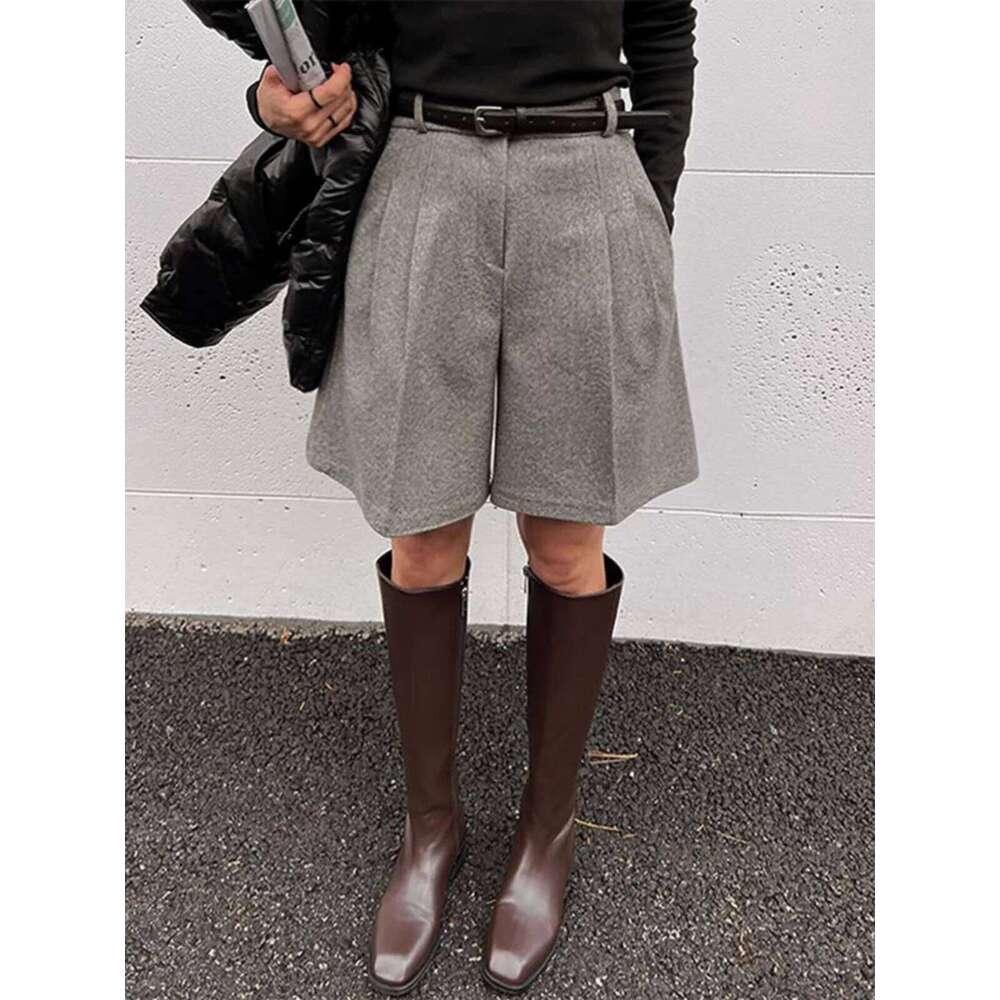 Chic Women Thicken Warm Loose Pockets Faux Woolen Straight 2024 Autumn Winter High Waist Ladies Wide Leg Shorts WH2 XJ260206