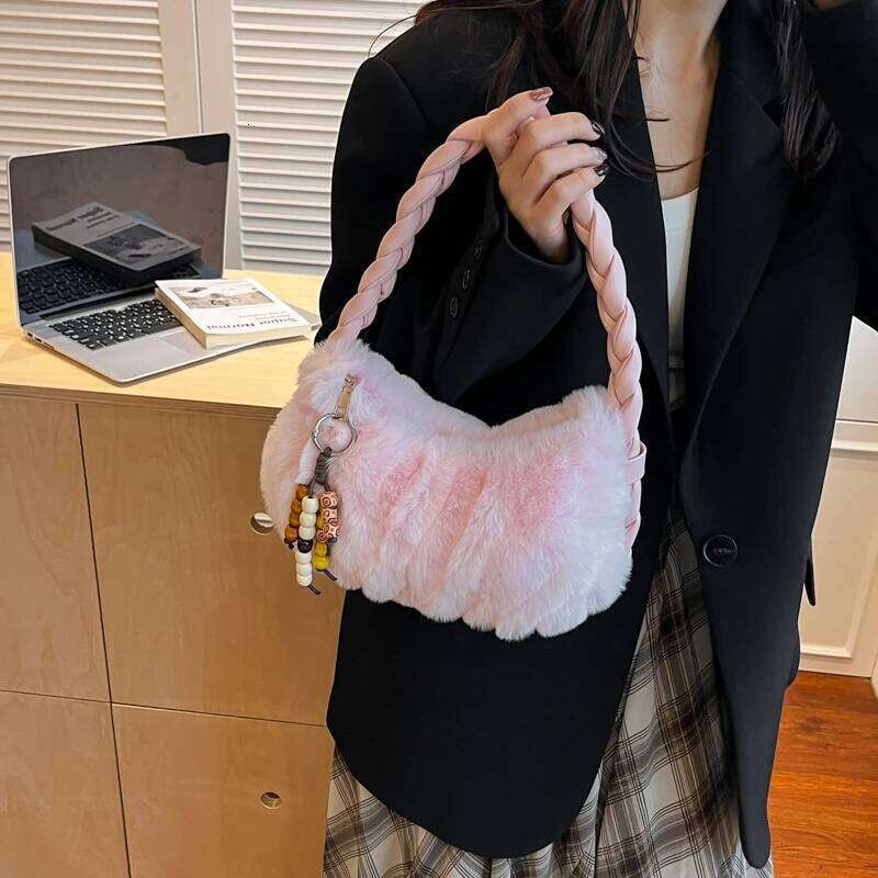2024 New Furry for Women Fashion Pearl Decor Mini Crossbody Bag Luxury Fluffy Wristlet Tote Handbag Female Gift Y260205