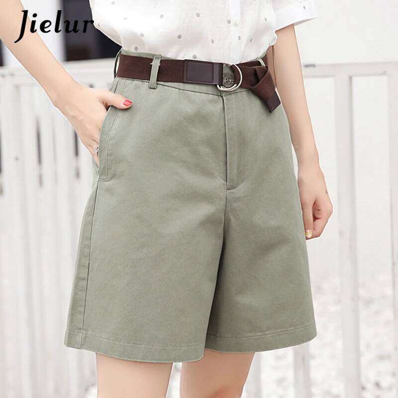 Jielur Korean Fashion Casual Summer Women Loose Wide Leg Pantalon Femme Belt Green White High Waist Shorts Female S-XXL XJ260206