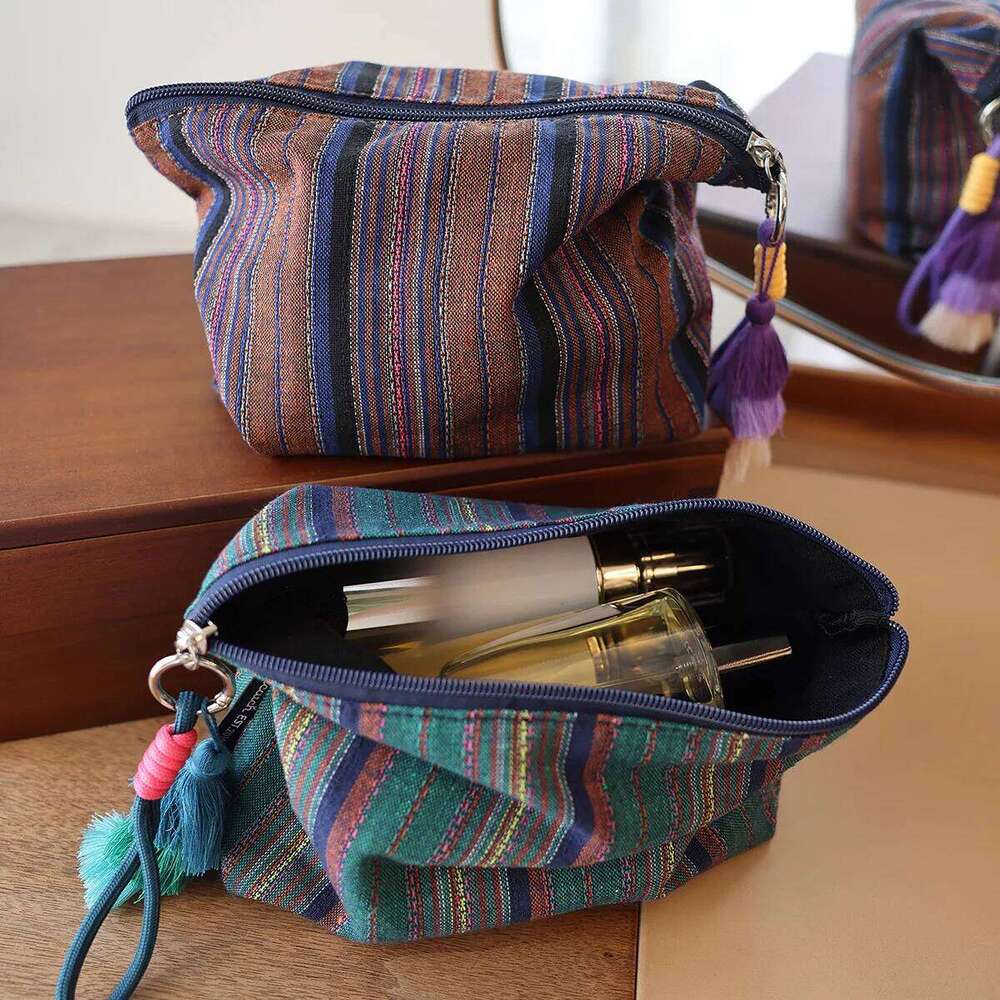 Colorful Striped Fringe Pendant Makeup Ethnic-Style Women's Zipper Travel Portable Storage Pouch Inner Liner Bag Clutch Y260206