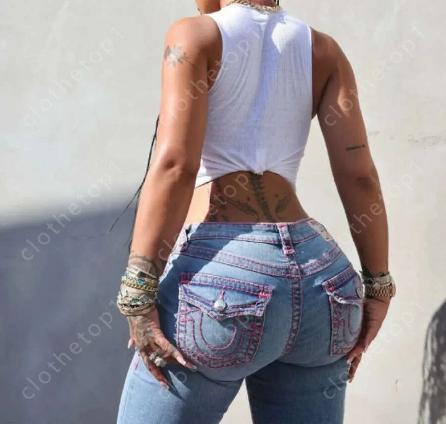 Women's true religionjeans woman Embroidery High Waisted Woman Street Fashion Sexy Vintage Women Casual Tight Washed Pants Black c4c