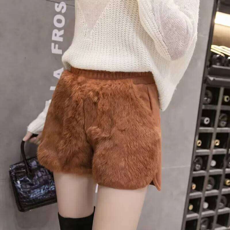 Elastic High Waist Plush 2025 Autumn Winter Artificial Fur Thick Women Femme Casual Ladies Shorts Black Boots Pant XJ260206