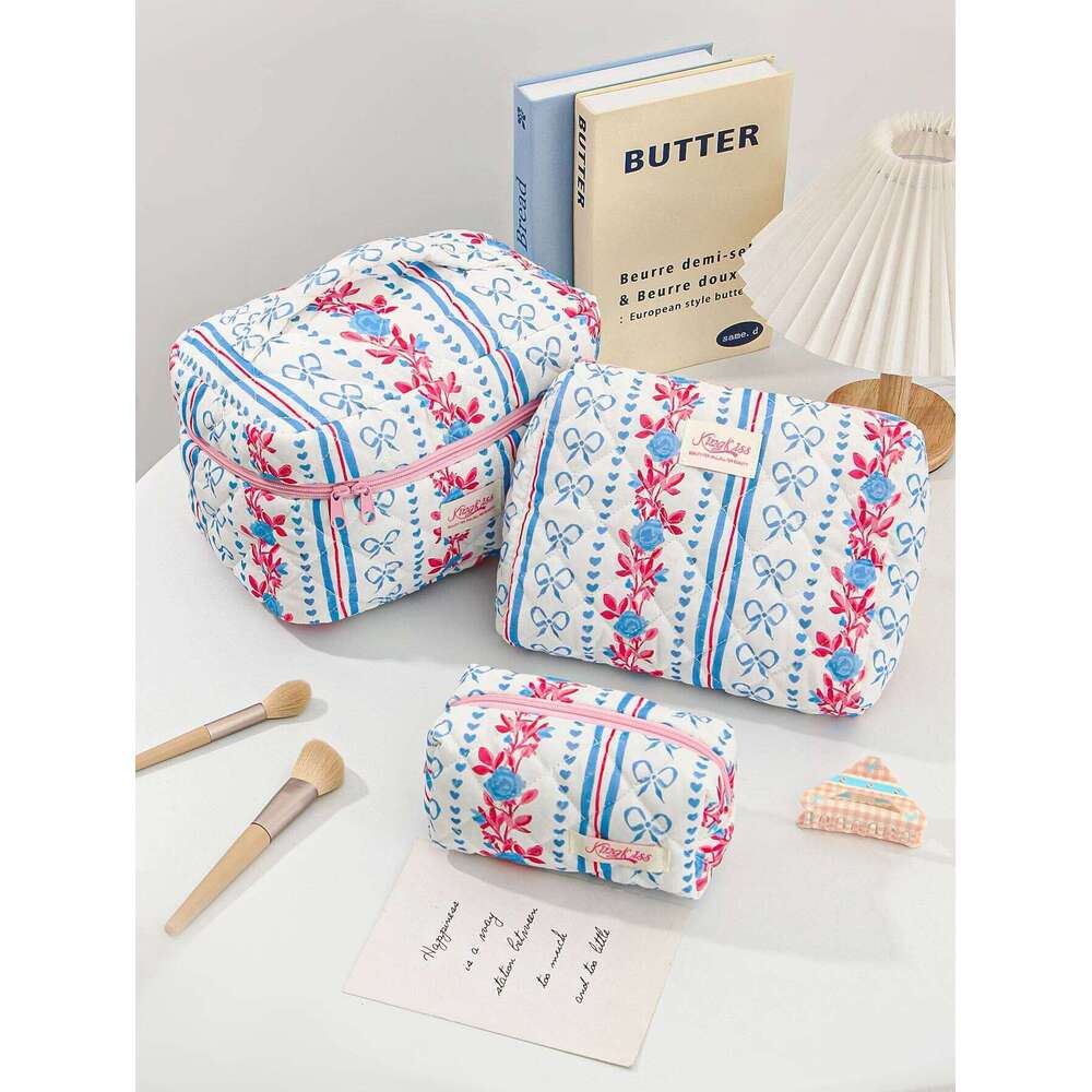 1/3PCS for Women Quilted Cotton Make Up Travel Cosmetic Large Set Cute Bow Makeup Bag Organizer Y260206