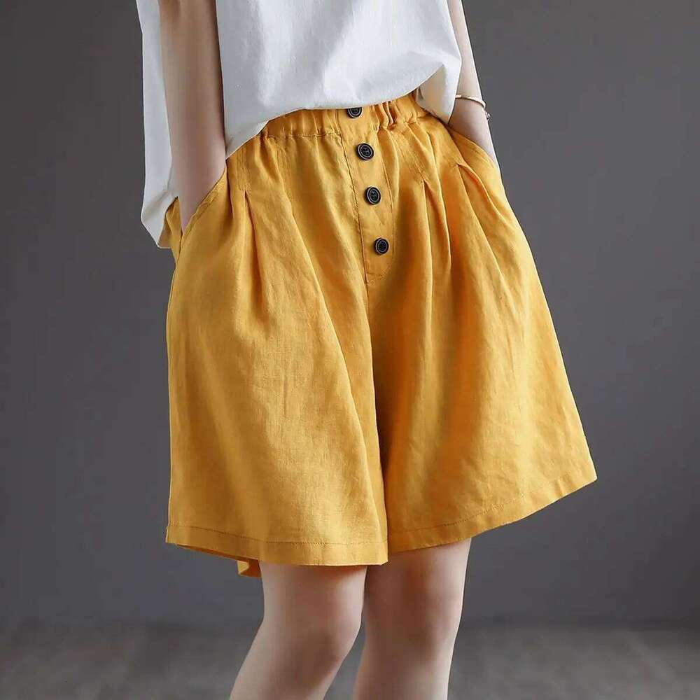 Short Pants Woman Bermuda with Waist Pocket Knee Length Mid Cotton Half Shorts for Women Elastic Linen Trend 2025 Kpop Wholesale XJ260206