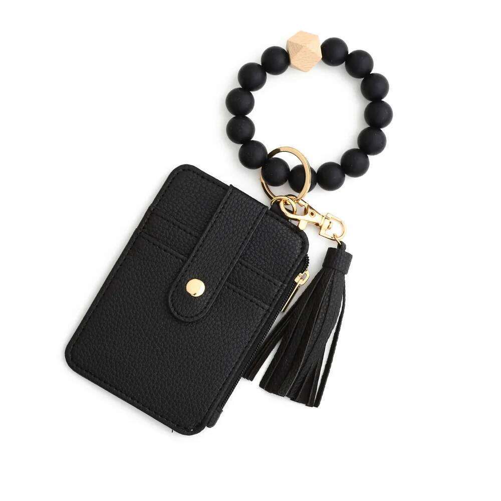 New Arrival PU ID Credit Wallet with Wristlet Bangle Silicone Bead Tassel Card Holder Leather Keychain Y260206