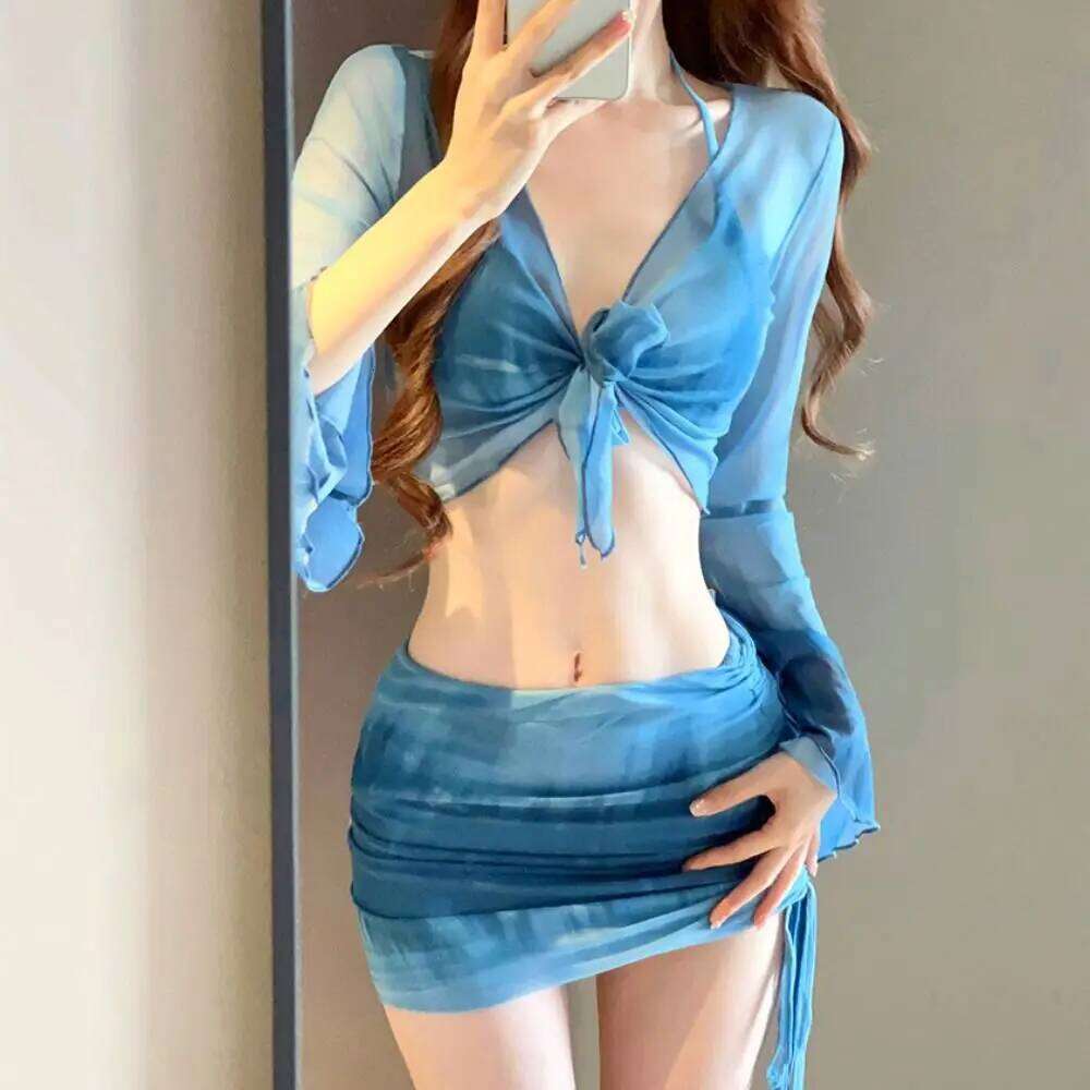 Tie Dye Bikini Mesh Long Sleeve Pleated Swimsuit Drawstring Mini Skirt Side Ruched Swimwear Set Summer Wear Z260206