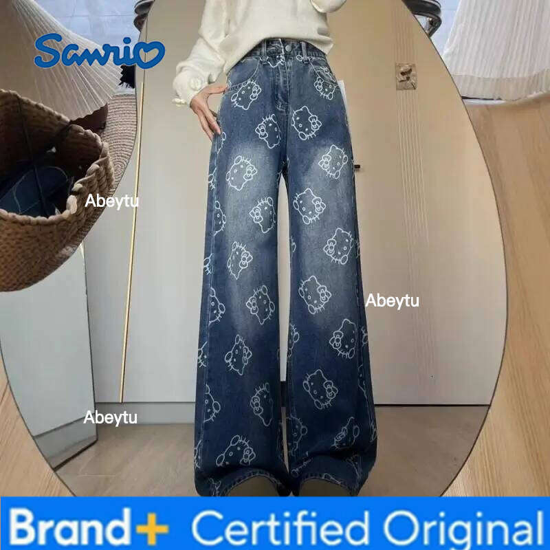 Sanrio Hello Kitty Y2K Quality Printed Jeans for Women Spring Summer Cute Cartoon Design High Waist Loose Sweet Pants Korean Style H260206