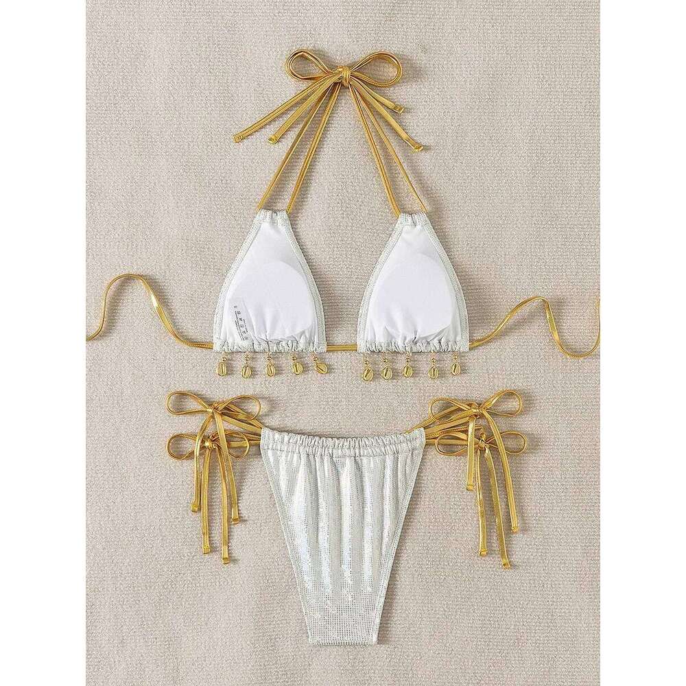 Shiny Shell Pendant Halter Strappy Female Swimsuit Women Swimwear Two-pieces Bikini Set Mini Micro Bathing Suit Swim Lady Z260206