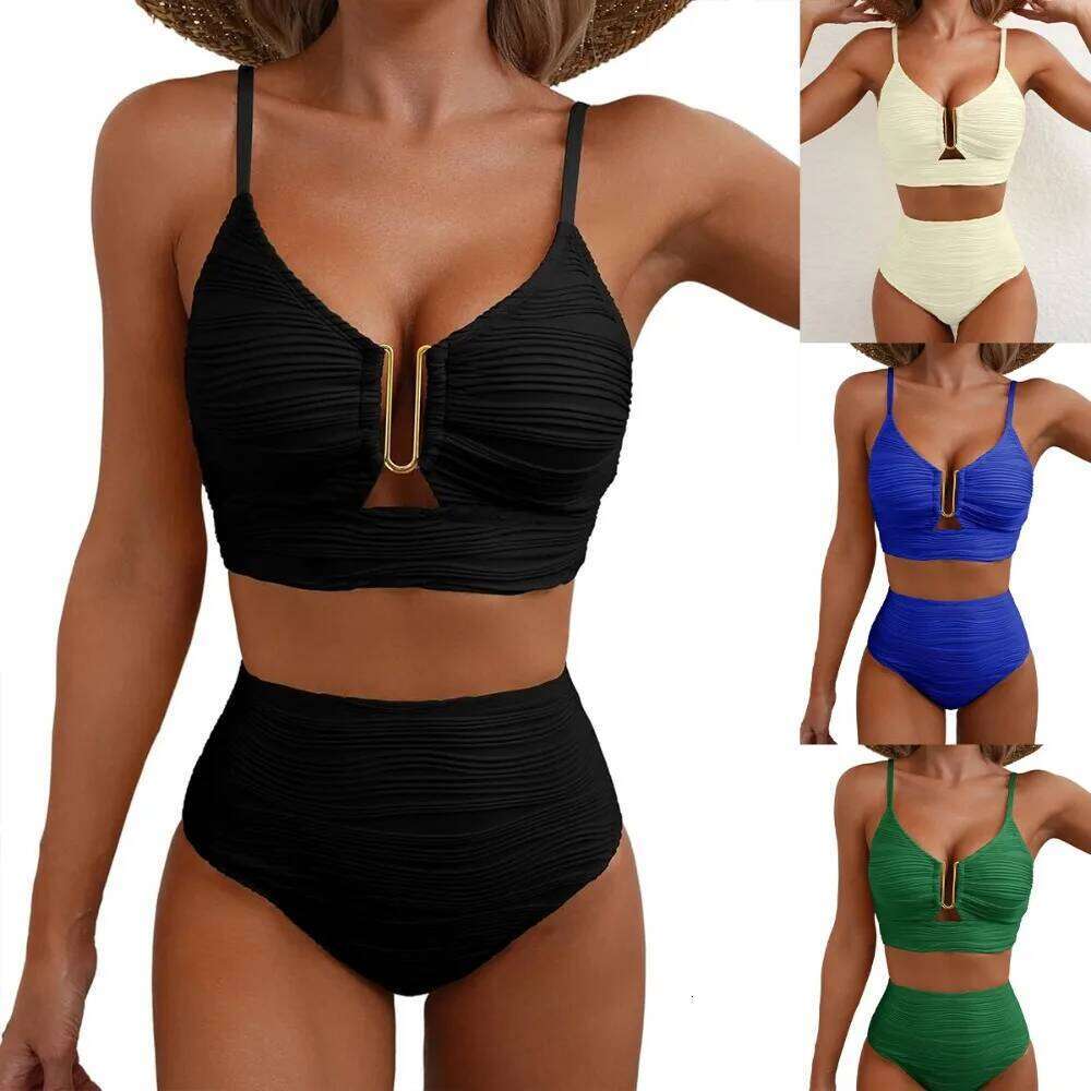 Solid Color Women's Fashionable Elegant Split Style Hollow Personality Swimsuit Chest Cushion No Steel Support Bikini Z260206