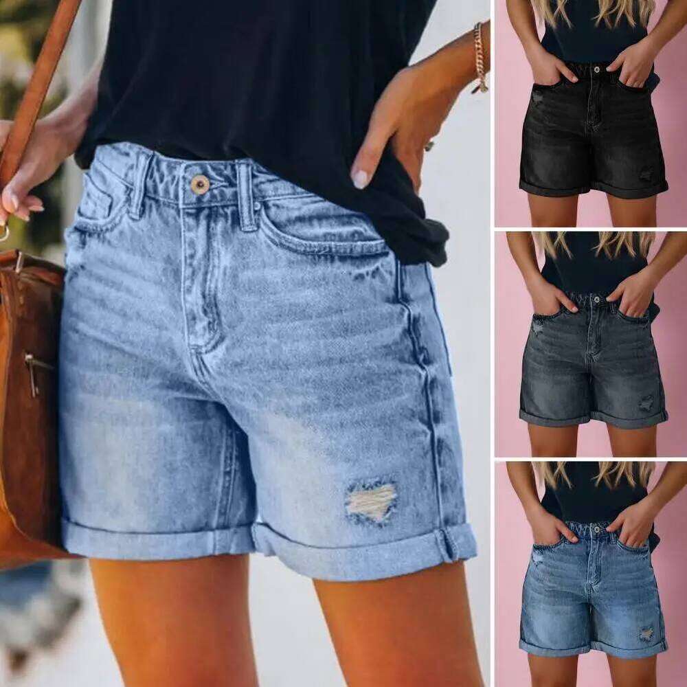 Women's Split Denim Summer Beach Wild Fashion Sexy Mid Waist Curled Cuff Perforated Elastic Slim Fit Casual Shorts C260206