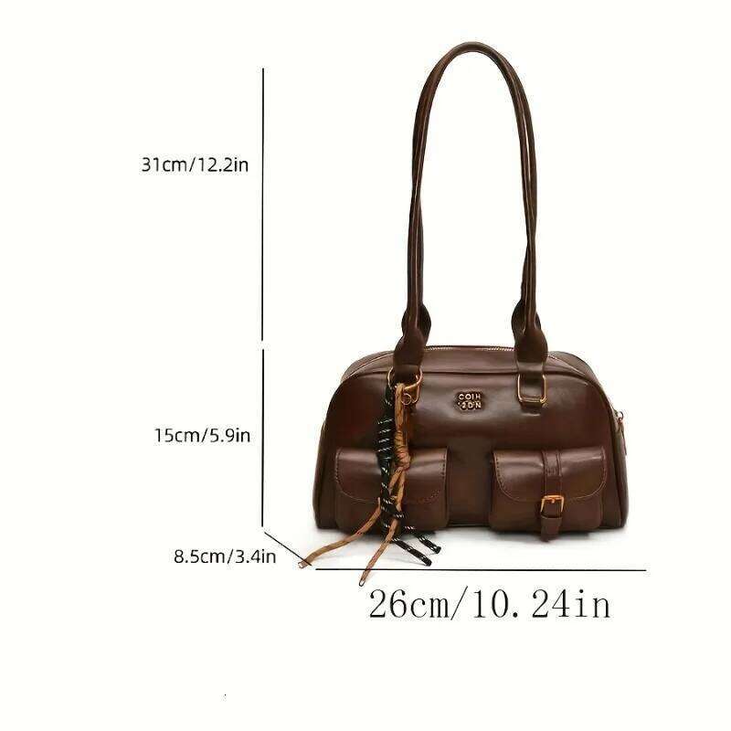 Stylish Shoulder Bag with Multiple Pockets, Golden-Tone Hardware & Letter Print Design Handbags for Women Travel, Work, Outings Y260205