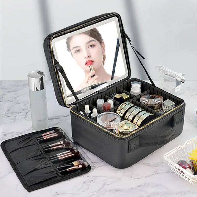 Smart LED Cosmetic With Mirror Travel Bag Large Capacity Female Beautician Skincare Product Makeup Case For Women Y260206