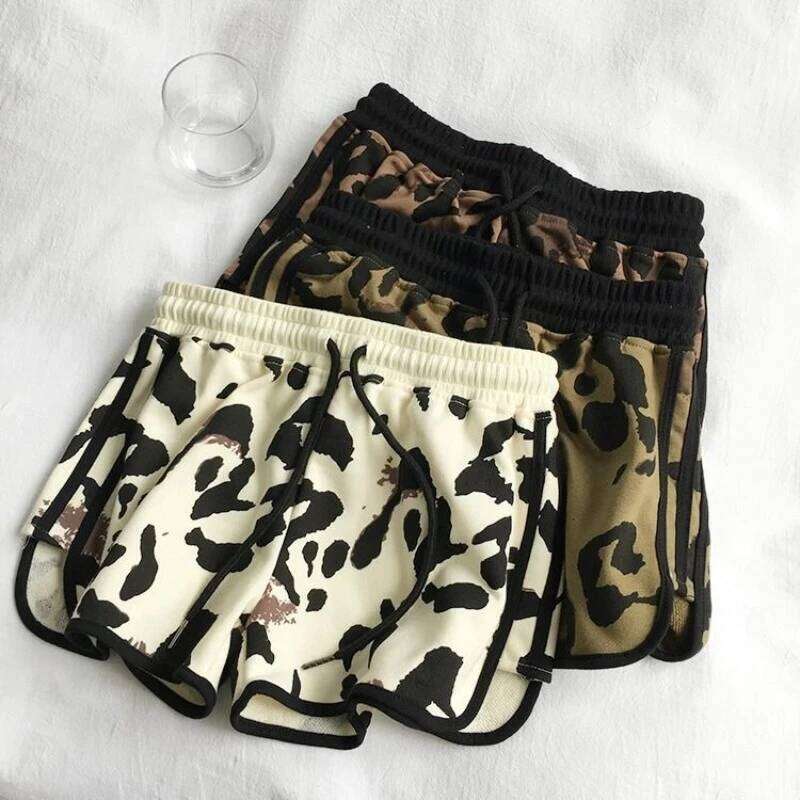 2026 Summer Women's Leopard Short Pants Casual High Elastic Waist A-Line Wide-Leg Running Trendy Five-Point Shorts XJ260206