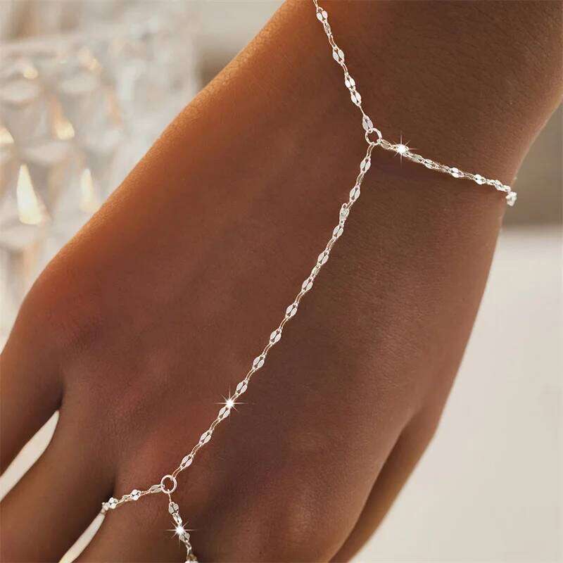 Trendy Gold Color Dainty for Women Simple Thin Link Chain Connecting Harness Bracelet Ring Hand Jewelry Gift 26H0206