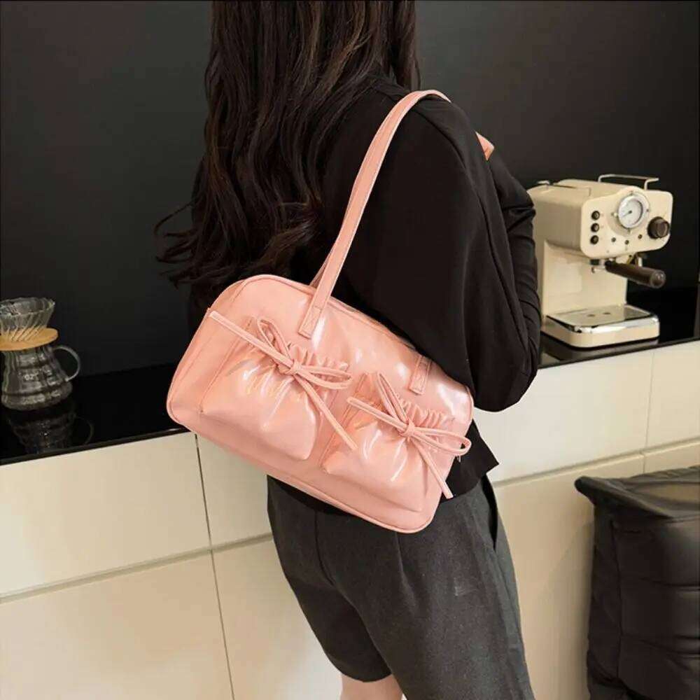 Fashion PU Leather Shoulder Solid Color Bowknot Underarm Bag Large Capacity Portable Handbag for Women Y260205
