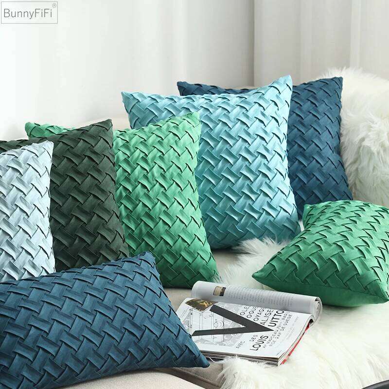 Suede Blue Cushion Faux Soft Home Decorative Navy Pillow Cover Woven Pattern Green 45x45cm/30x50cm