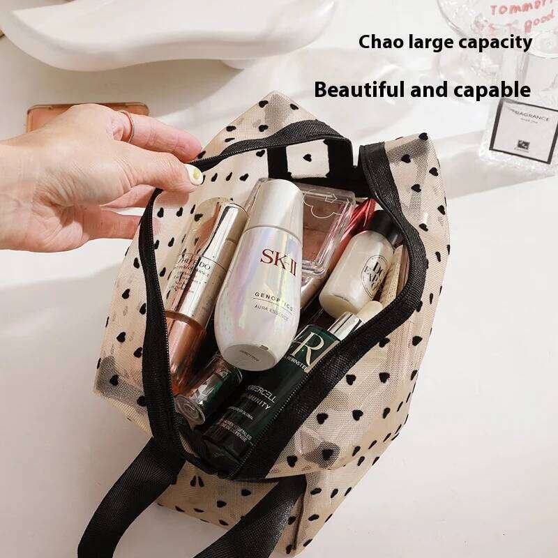 Heart Transparent Mesh Makeup Bag Multifunction Portable Women Cosmetic Storage Pouch Ladies Toiletry Lipstick Organizer Bags Y260206