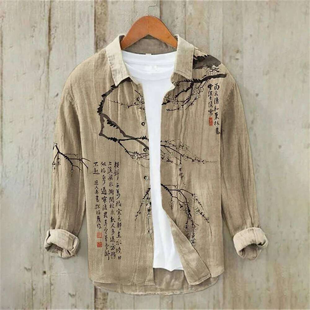 Long Sleeve Linen Shirt Japanese Vintage Plum Blossom Illustration Casual Loose High Quality Men's Clothing