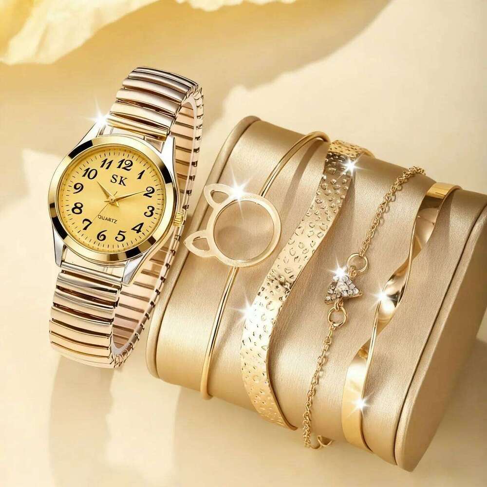5PCS Fashion Small Roma Dial Women Quartz Watch Bracelets Set Elegant Elastic Band Ladies Wristwatch Reloj MujerWithout Box Z260206