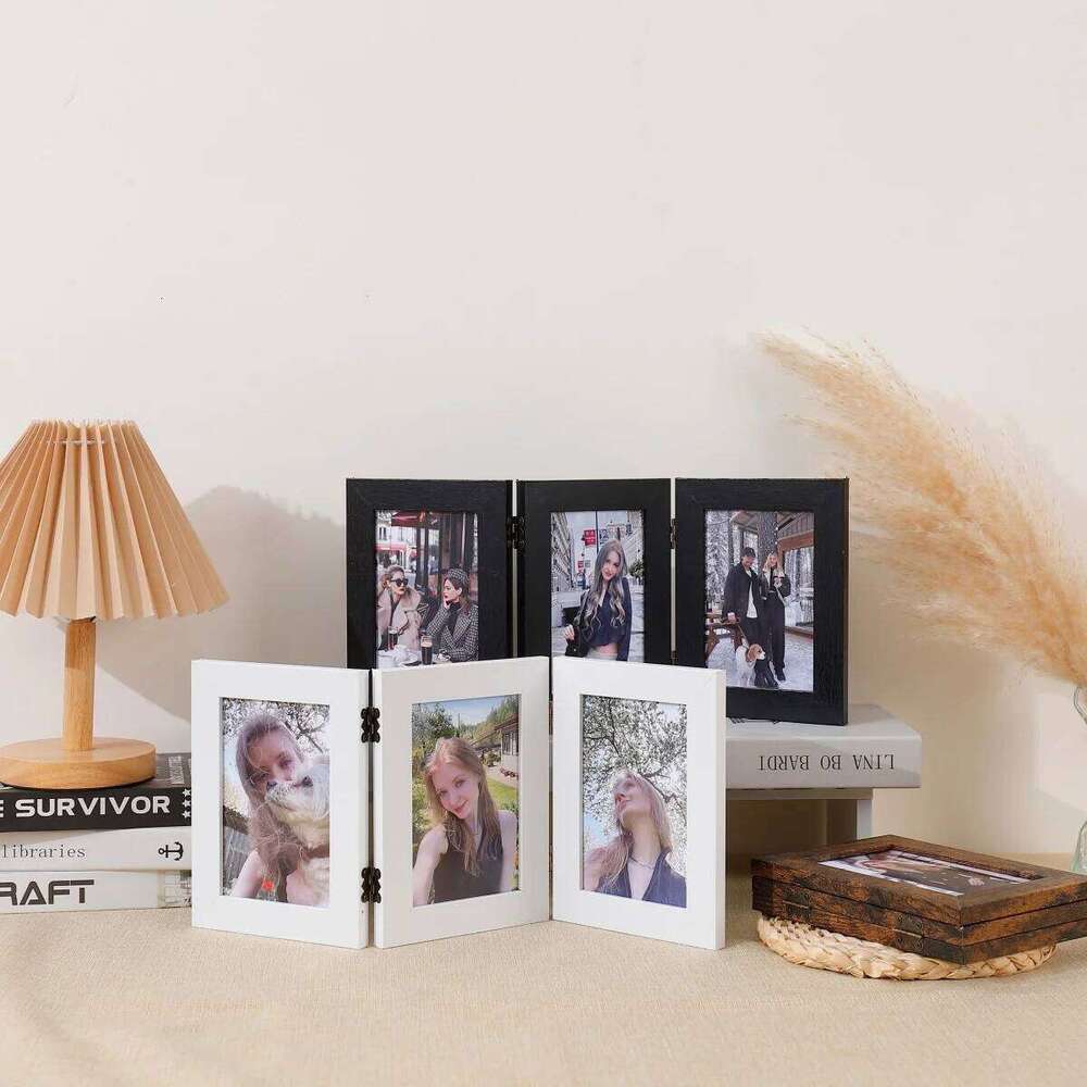 1pc Folding wood picture frame -4x6in, collage wall trim, by side display of 3 photos, gifts for family and friends S260205