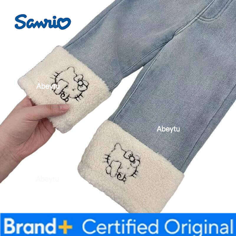 Sanrio Hello Kitty Baby Jeans for Girls Comfortable Patchwork Straight Leg Pants Cute Autumn Winter Kawaii Trousers Fashionable H260206