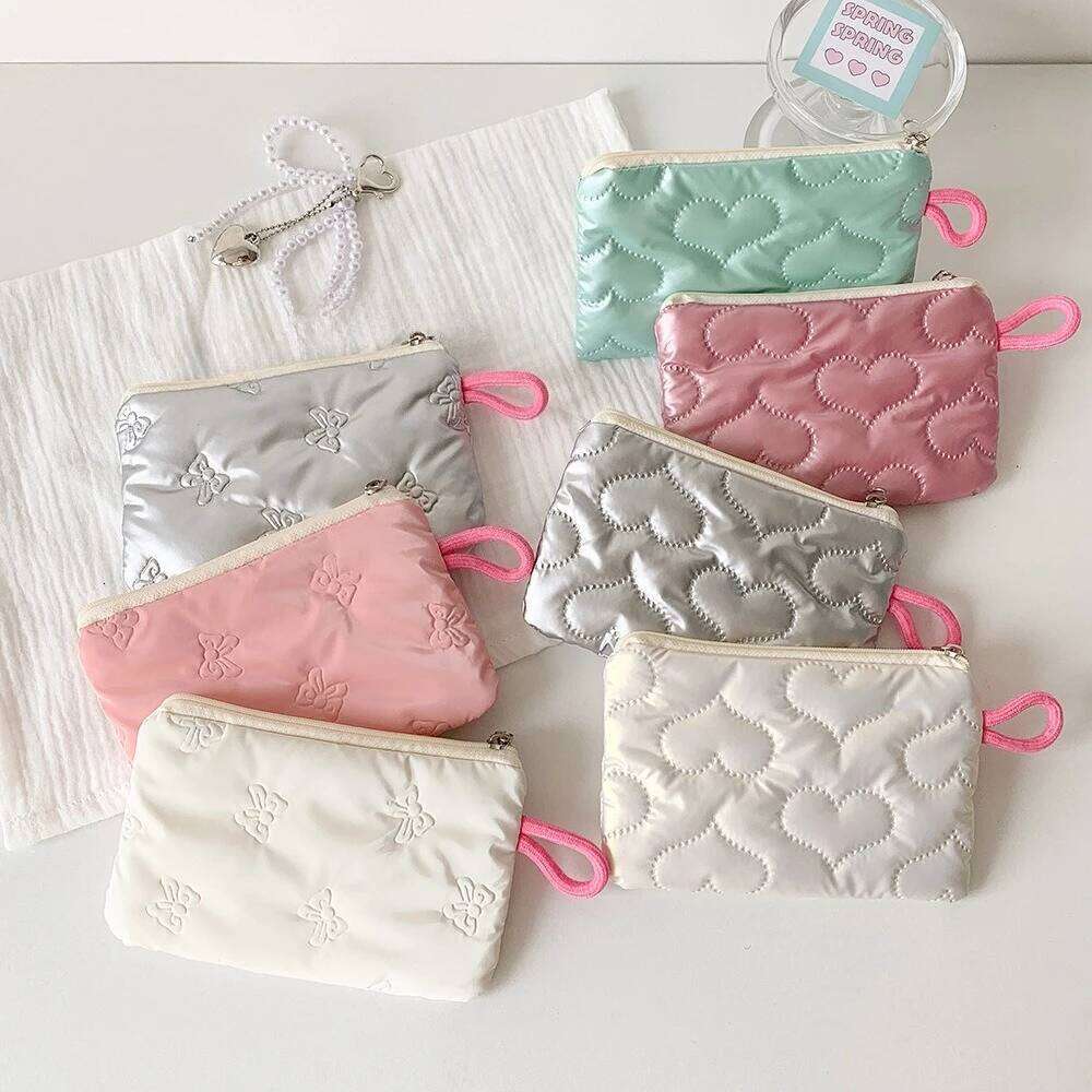 Bow Silver Zipper Mini Makeup Women Cosmetic Purse Coin Pouch Cute Wallet Portable Earphones Data Cable Storage Bag Y260206