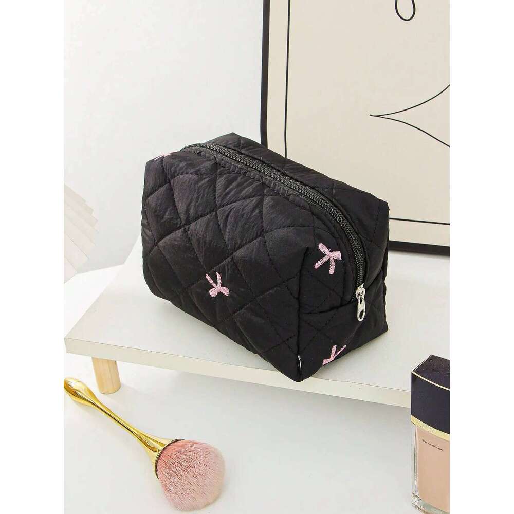 1 piece/set black bow quilted large capacity zipper bag, multifunctional travel storage makeup bag Y260206