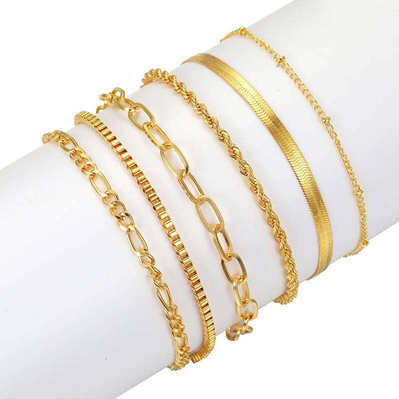 6Pcs/Set Bohemian Multi-layer Thin Chain Bracelets for Women Minimalist Gold Color Metal Bangles Summer Y2K Jewelry Accessories 26H0206