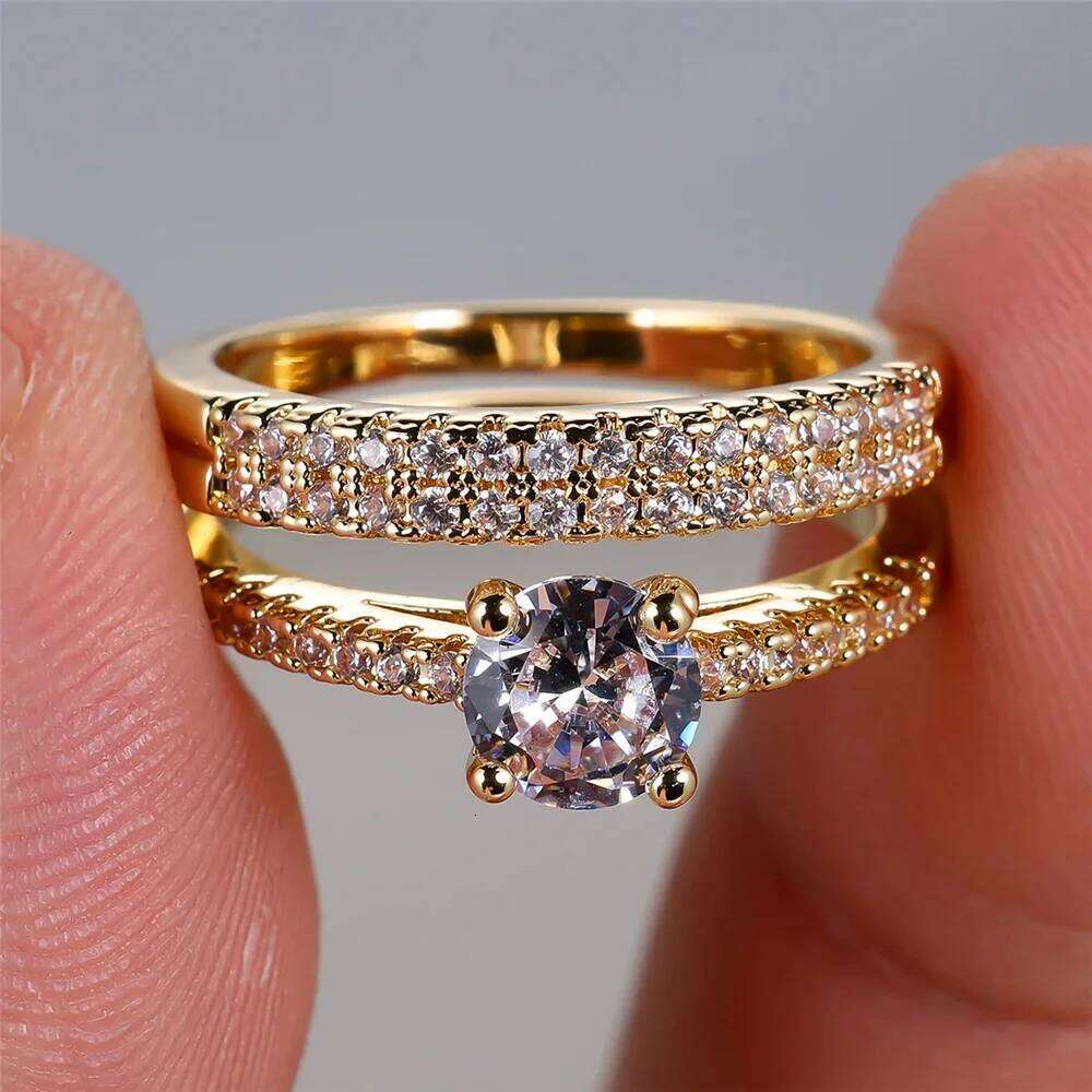Luxury Female 2pcs Small Round White Zircon Stone Ring Set Promise Gold Color Wedding Engagement Jewelry For Women W260206