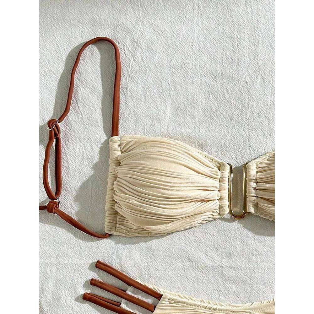 XS - L Wrinkled U Rings Bandeau Women Swimwear Female Swimsuit Two-pieces Bikini Set Bather Bathing Suit Swim Beachwear XJ260206