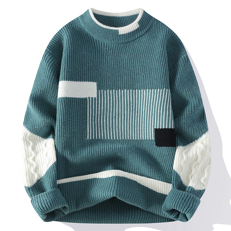 2026 New Men's Semi-Turtleneck Sweater, Korean Style Loose Fit Color-Block Knit Pullover, Fashion Winter Top