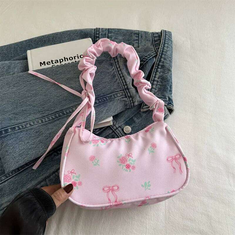 Korean Style Women's Shoulder Bag Y2K Sweet Floral Bow Printed Zipper Tote Pleated Canvas Daily Handbag Y260205
