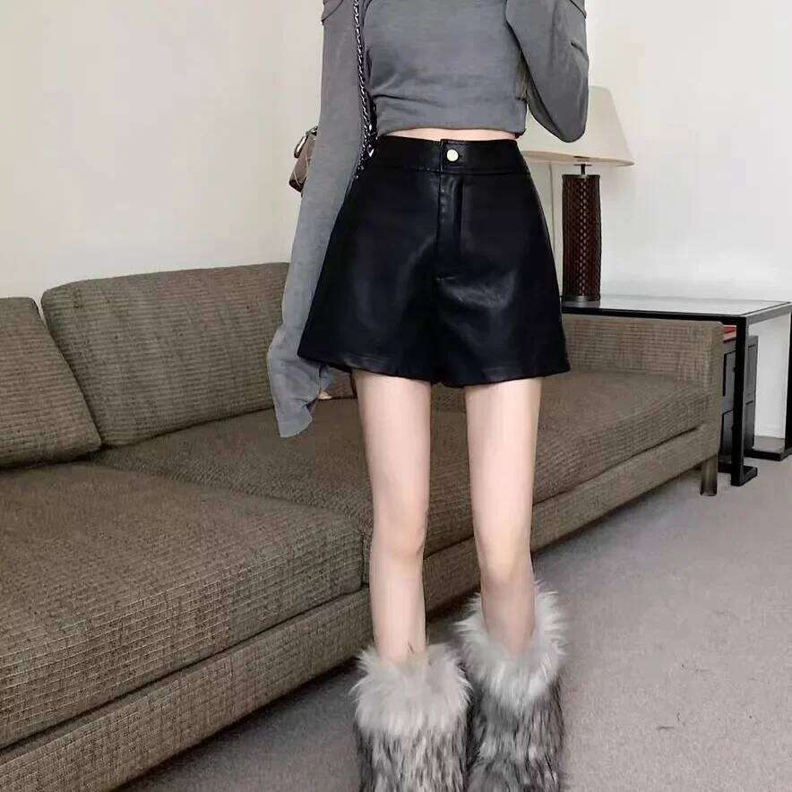 Black PU Leather Shorts Women's Autumn Winter Casual High Waist Slimming A- Line Wide Leg Short Outerwear Boot Pants XJ260206