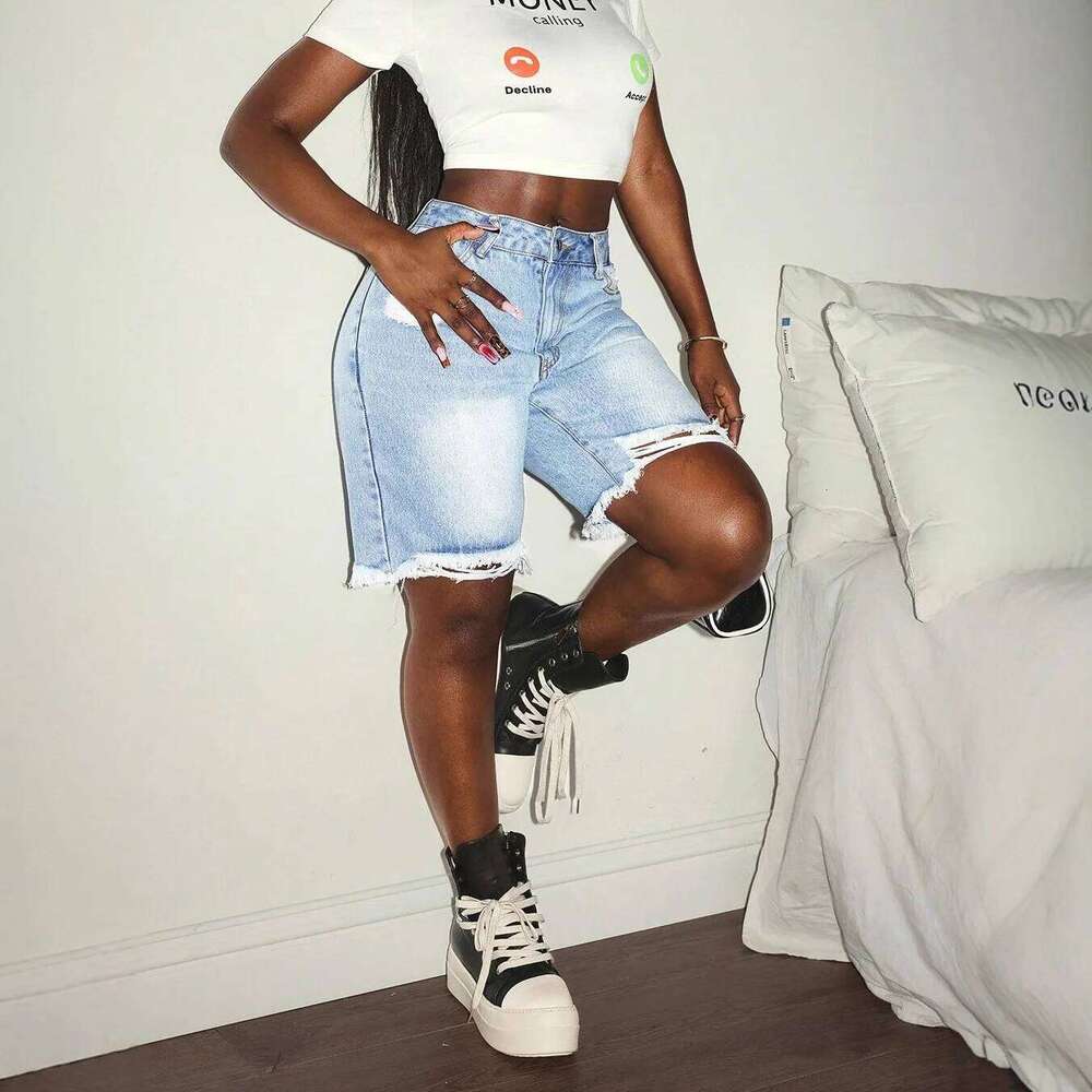 Womens Ripped Bermuda Denim Solid Color Casual High Waist Raw Hem Knee Length Jean Shorts Streetwear H260206