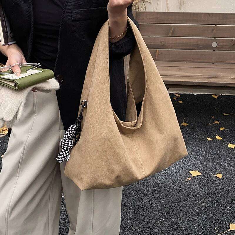 High Quality Big Tote Bags For Women Canvas Fabric Solid Color Large Capacity Underarm Shopper Shoulder Hobo Bag With Pendant Y260205