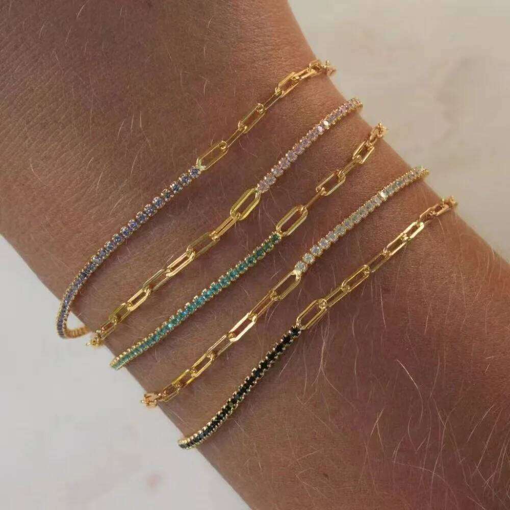 Luxury Exquisite Geometric Square Colored Zircon Stainless Steel Paperclip Chain Bracelets for Women Trend Jewelry Does Not Fade 26H0206