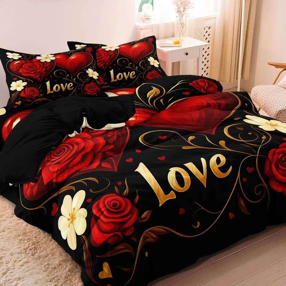 3pcs Romantic Deep Red Love Heart Rose Letter Design Theme Pattern Duvet Cover Set Can Be Used As Holiday Gifts XJ260206