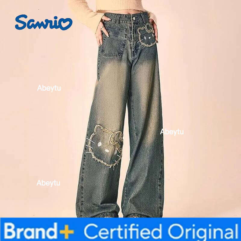 Sanrio Street Vintage Embroidered Pic Wide Leg Jeans Women's Summer New High Waist Loose Elegant Student Straight Denim Trousers H260206
