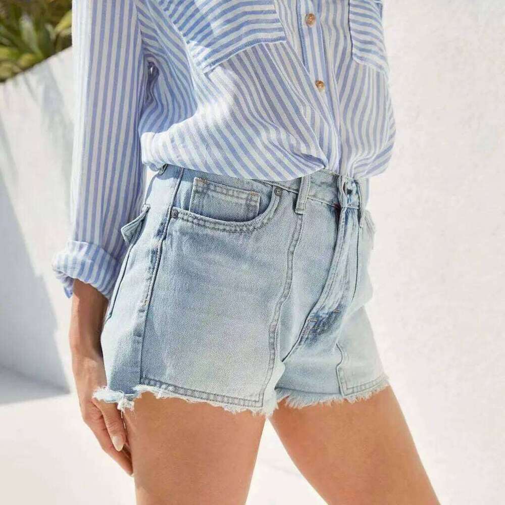 European and American High-waisted Casual Pocket Denim Shorts, Women's New Summer Fashionable Design Sense Stitching Short Jeans H260206