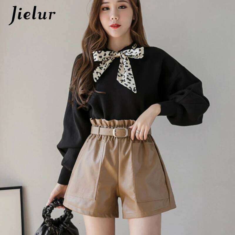 Jielur PU Autumn Winter Women Slim High Waist Solid Color Shorts Womens Chic Korean Belt Leather Short Trousers S-XL XJ260206