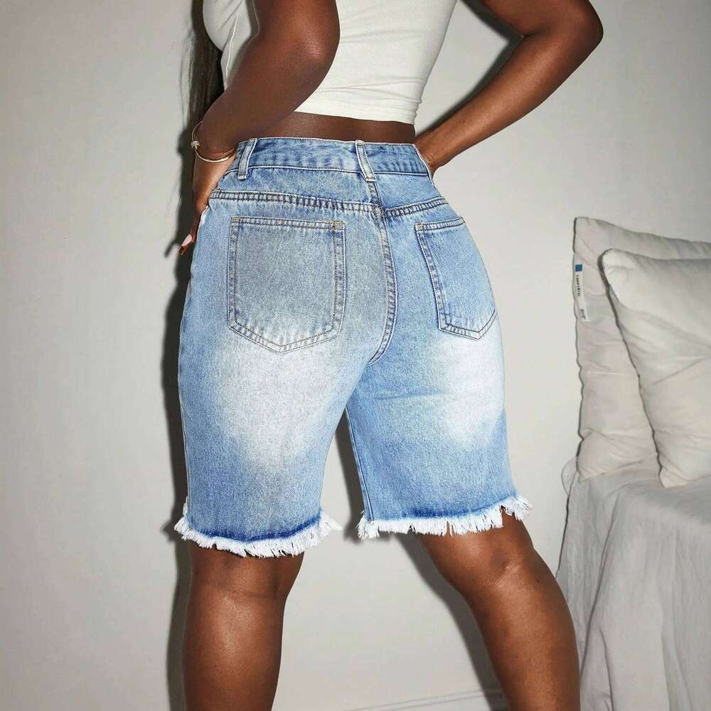 Womens Ripped Bermuda Denim Solid Color Casual High Waist Raw Hem Knee Length Jean Shorts Streetwear C260206