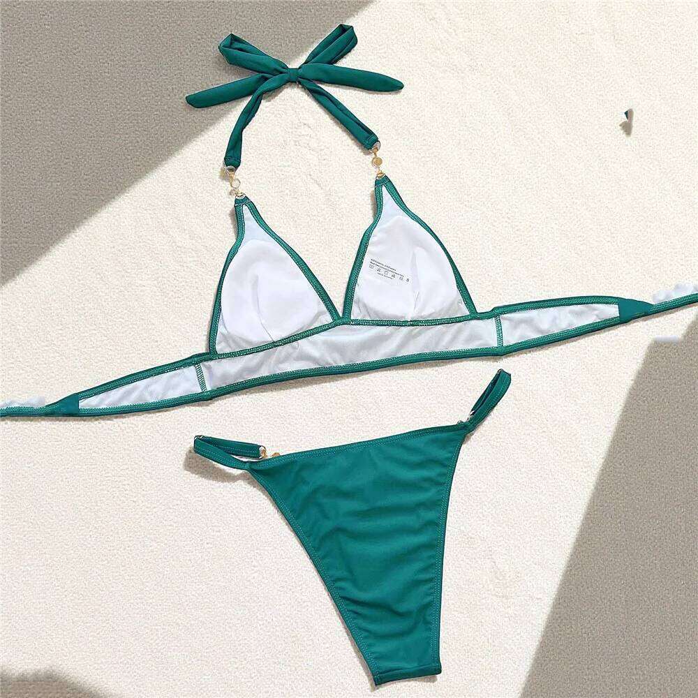 Green Halter Knotted Bikini Swimwear Women Bead Micro Thong Sexy Swimsuit 2026 Swimming Suit Wear Woman Bikinis Set Mujer XJ260206