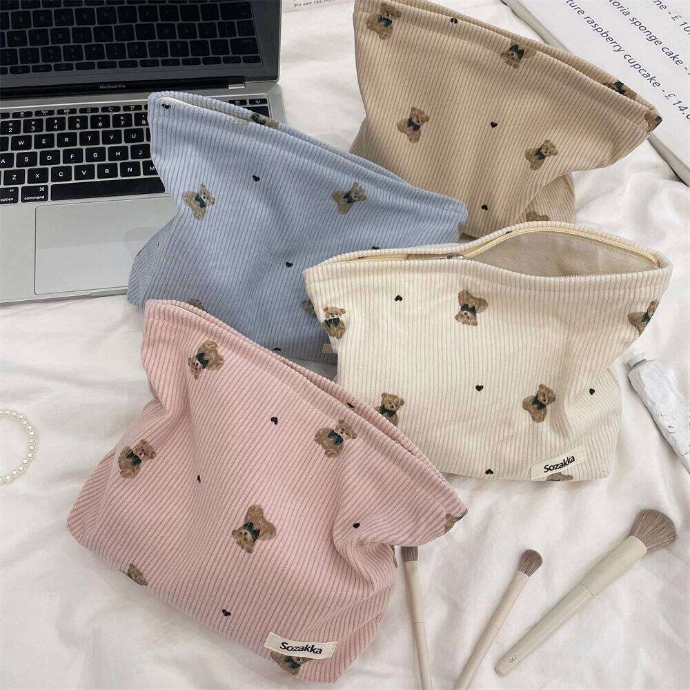 New Corduroy Bear Printed Clutch Cosmetic Large Capacity Pouch Toiletries Bag Travel Outdoor Makeup Storage Y260206