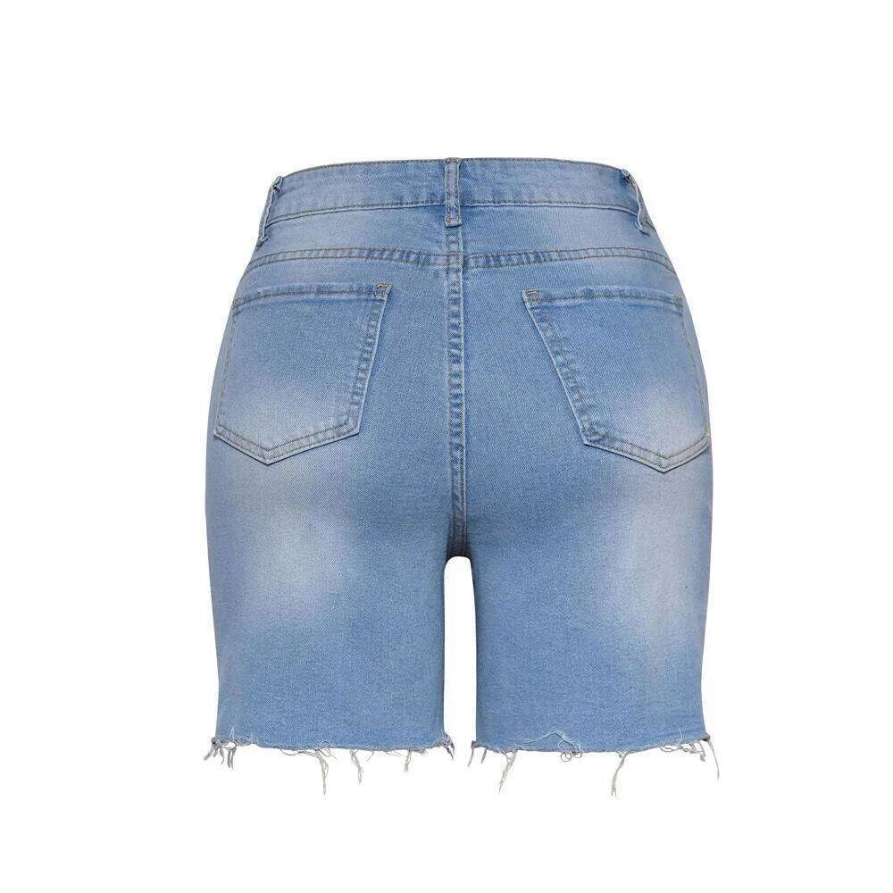 Women Summer Street Denim Shorts High Waist Ripped Hole Stretch Jean Short Pants XJ260206