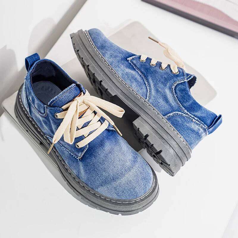 Spring Autumn New Style Denim Retro British Men's Shoes, Thick-Soled, Large Size, Versatile Low-Top Short Boots, Fashionable and Durable Casual S