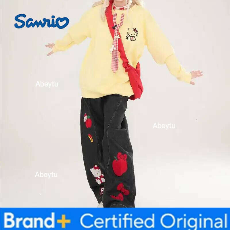 Sanrio Hello Kitty Spring Autumn Girl Jeans Cartoon Embroidery Fashion Wide-Leg Mid-Rise Retro Loose Flared Pants Birthday Gift H260206
